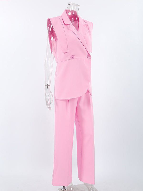 Sleeveless Blazer Set For Women Business Casual - Pink Chic Double Breasted Tailored Cut - 2026 Summer Work Outfit