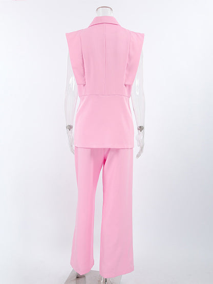 Sleeveless Blazer Set For Women Business Casual - Pink Chic Double Breasted Tailored Cut - 2026 Summer Work Outfit