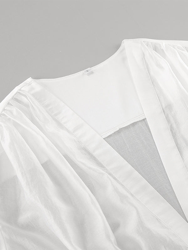 White Deep V Neck Women Blouse - Sexy Sheer Long Sleeve Top - French Style Night Out Spring Streetwear 2026