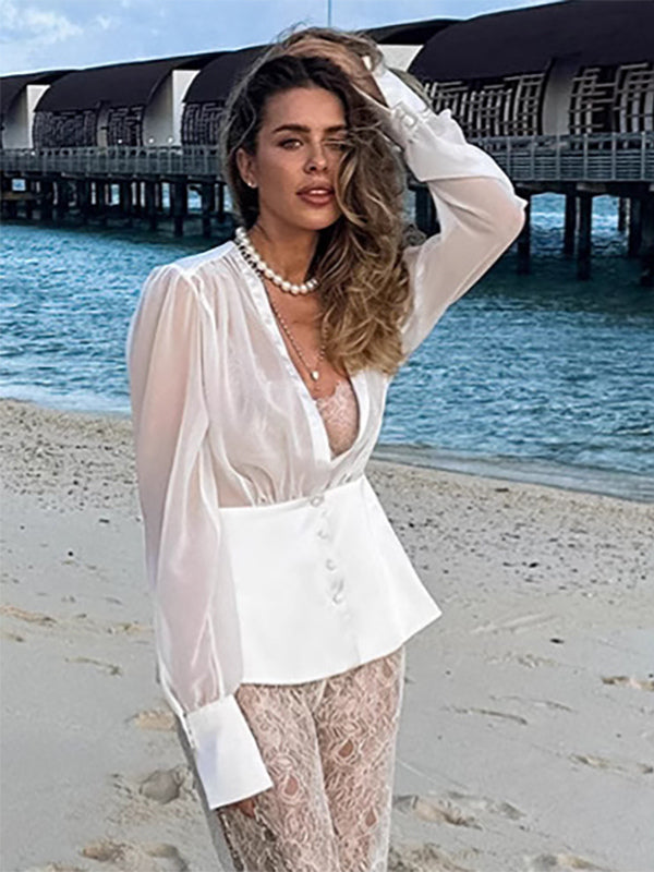 White Deep V Neck Women Blouse - Sexy Sheer Long Sleeve Top - French Style Night Out Spring Streetwear 2026