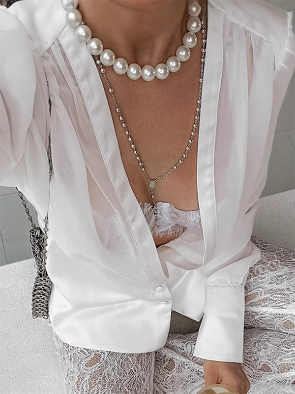 White Deep V Neck Women Blouse - Sexy Sheer Long Sleeve Top - French Style Night Out Spring Streetwear 2026
