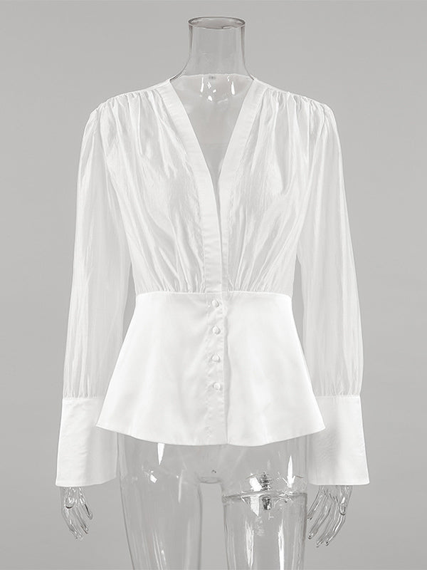 White Deep V Neck Women Blouse - Sexy Sheer Long Sleeve Top - French Style Night Out Spring Streetwear 2026