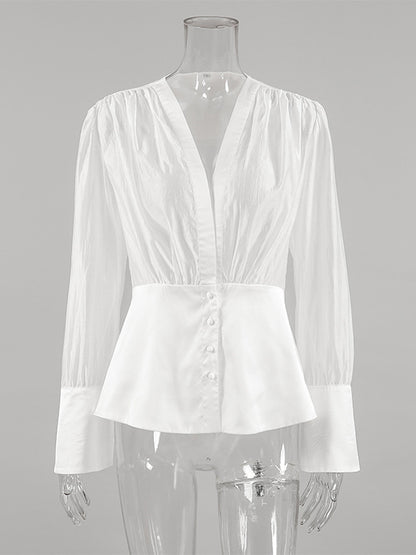 White Deep V Neck Women Blouse - Sexy Sheer Long Sleeve Top - French Style Night Out Spring Streetwear 2026