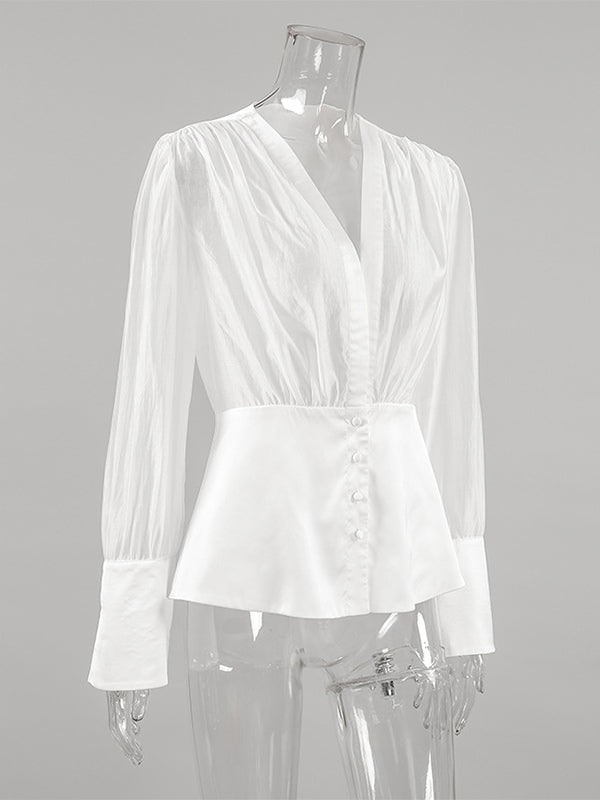 White Deep V Neck Women Blouse - Sexy Sheer Long Sleeve Top - French Style Night Out Spring Streetwear 2026