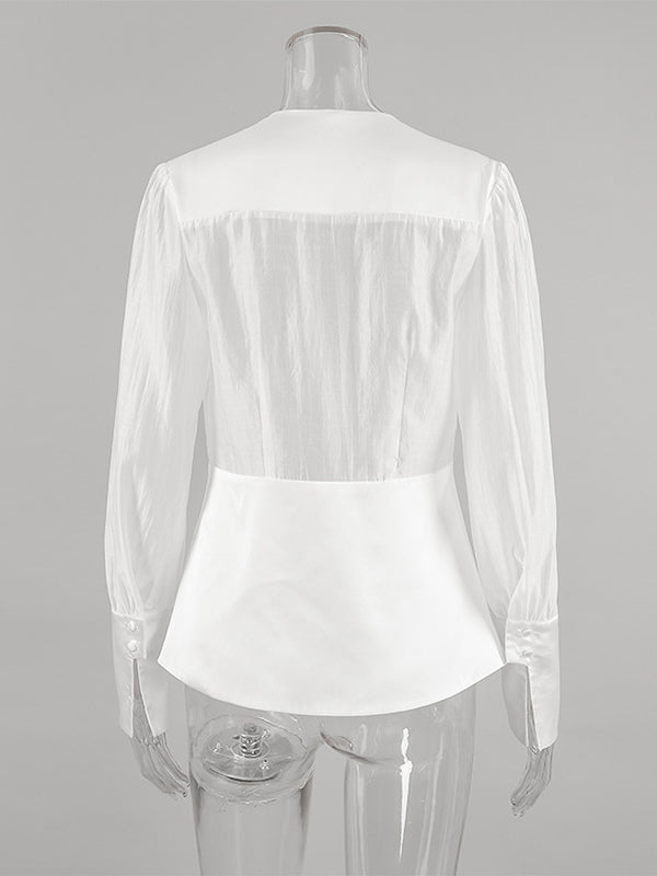 White Deep V Neck Women Blouse - Sexy Sheer Long Sleeve Top - French Style Night Out Spring Streetwear 2026