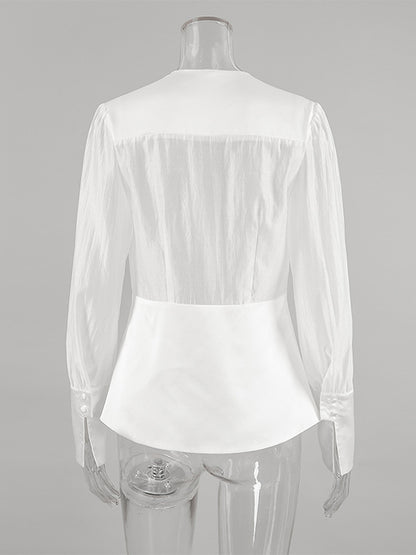 White Deep V Neck Women Blouse - Sexy Sheer Long Sleeve Top - French Style Night Out Spring Streetwear 2026