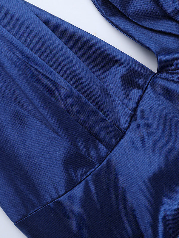 Royal Blue Women Maxi Slit Dress - Elegant Halter Neck Asymmetric Ruffle Hem Gown - Vintage Glam Summer Party Wear 2026