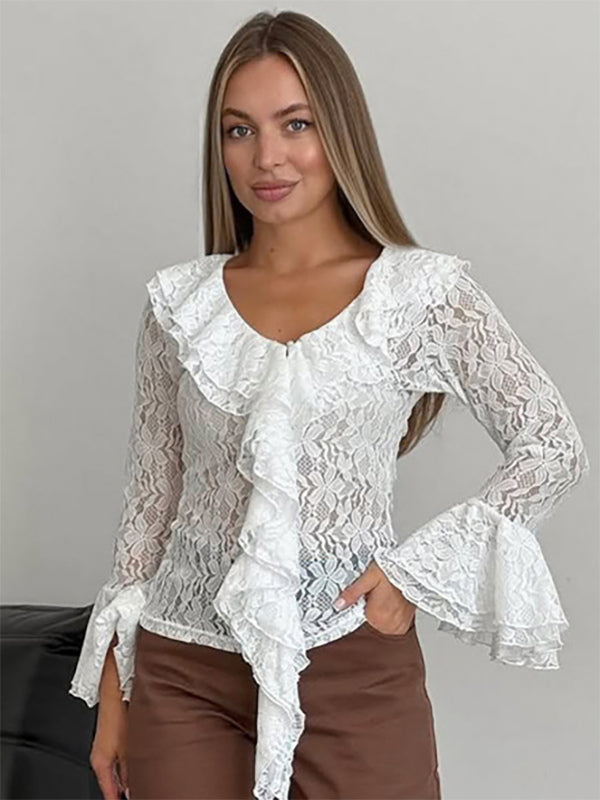 White Floral Lace Women Blouse - Elegant Ruffle Flare Sleeve Sheer Top - Coquette Fairycore Spring Night Out Clubwear 2026