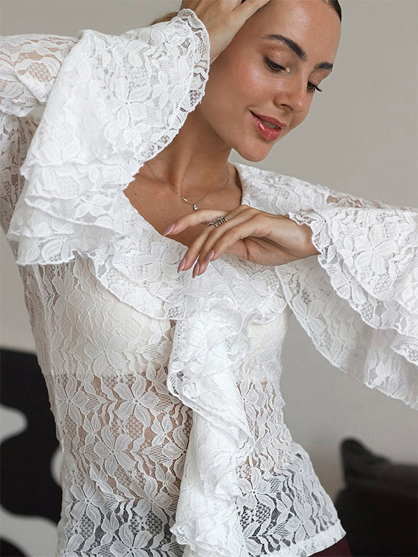 White Floral Lace Women Blouse - Elegant Ruffle Flare Sleeve Sheer Top - Coquette Fairycore Spring Night Out Clubwear 2026
