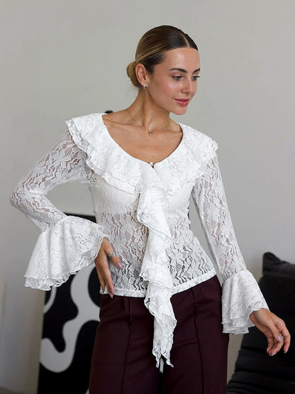 White Floral Lace Women Blouse - Elegant Ruffle Flare Sleeve Sheer Top - Coquette Fairycore Spring Night Out Clubwear 2026