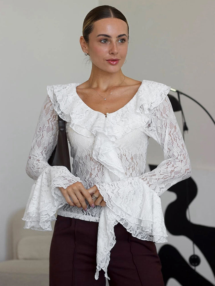 White Floral Lace Women Blouse - Elegant Ruffle Flare Sleeve Sheer Top - Coquette Fairycore Spring Night Out Clubwear 2026