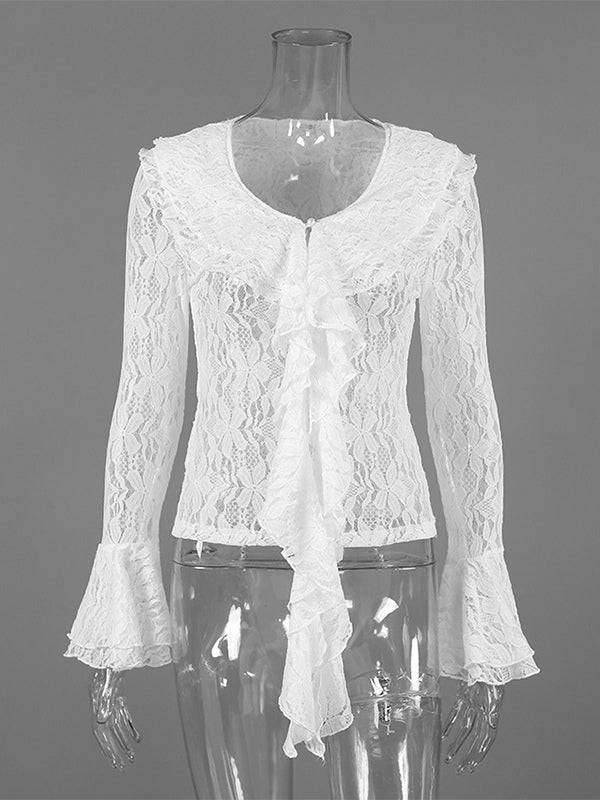 White Floral Lace Women Blouse - Elegant Ruffle Flare Sleeve Sheer Top - Coquette Fairycore Spring Night Out Clubwear 2026