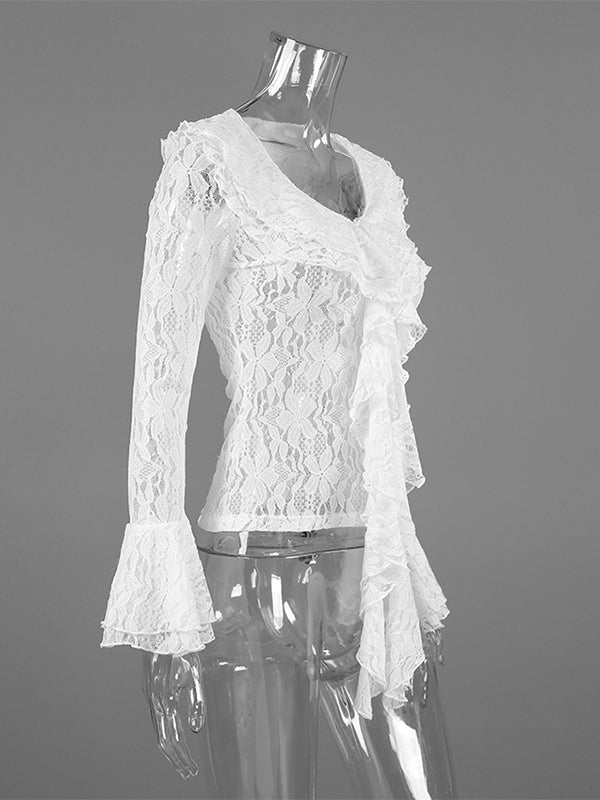 White Floral Lace Women Blouse - Elegant Ruffle Flare Sleeve Sheer Top - Coquette Fairycore Spring Night Out Clubwear 2026