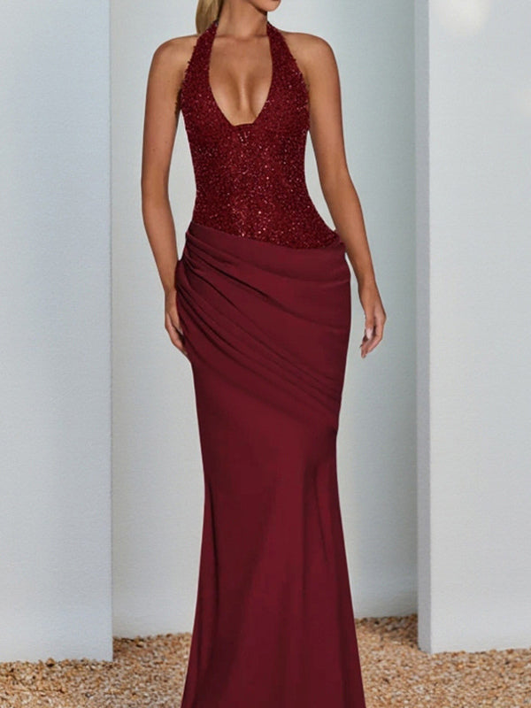 Burgundy Sequin Women Halter Maxi Dress - Elegant Ruched Bodycon Backless Mermaid Gown - Prom Party Outfit 2026