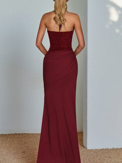 Burgundy Sequin Women Halter Maxi Dress - Elegant Ruched Bodycon Backless Mermaid Gown - Prom Party Outfit 2026