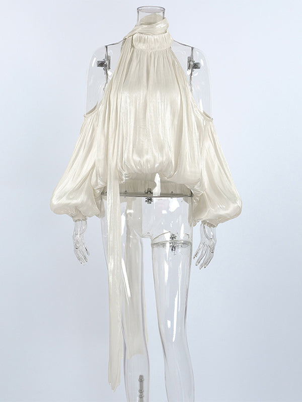 Cold Shoulder Women Halter Blouse - Elegant Lantern Sleeve Loose Fit Top With Scarf - Fairycore Spring Party Top 2026