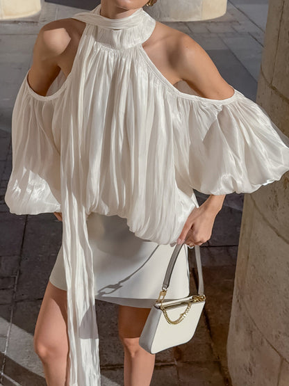Cold Shoulder Women Halter Blouse - Elegant Lantern Sleeve Loose Fit Top With Scarf - Fairycore Spring Party Top 2026