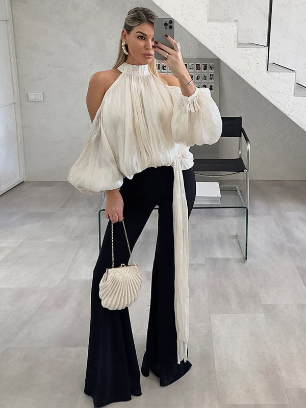 Cold Shoulder Women Halter Blouse - Elegant Lantern Sleeve Loose Fit Top With Scarf - Fairycore Spring Party Top 2026