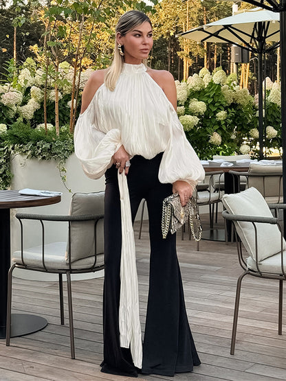 Cold Shoulder Women Halter Blouse - Elegant Lantern Sleeve Loose Fit Top With Scarf - Fairycore Spring Party Top 2026