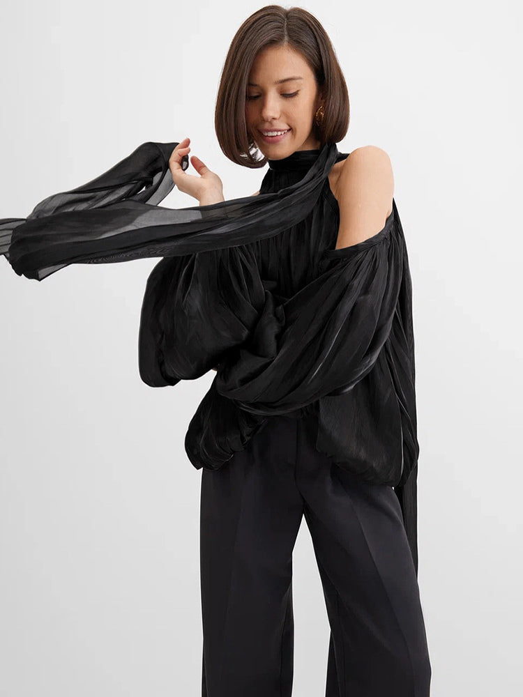Cold Shoulder Women Halter Blouse - Elegant Lantern Sleeve Loose Fit Top With Scarf - Fairycore Spring Party Top 2026