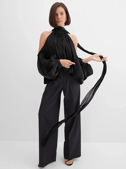 Cold Shoulder Women Halter Blouse - Elegant Lantern Sleeve Loose Fit Top With Scarf - Fairycore Spring Party Top 2026