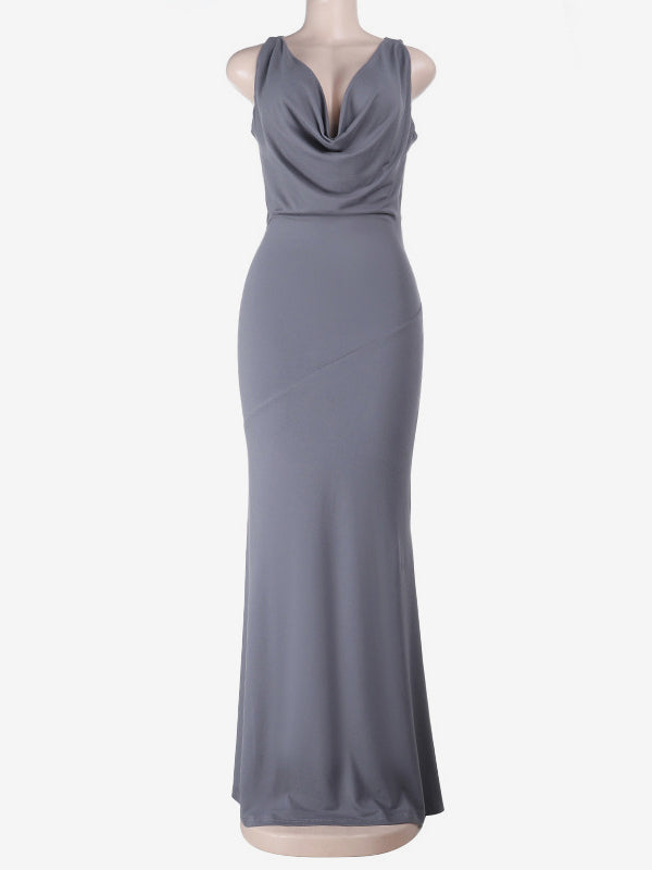 Grey Cowl Neck Women Maxi Dress - Elegant Backless Slim Bodycon - Minimalist Evening Gala 2026