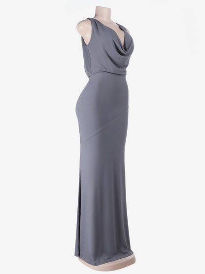 Grey Cowl Neck Women Maxi Dress - Elegant Backless Slim Bodycon - Minimalist Evening Gala 2026