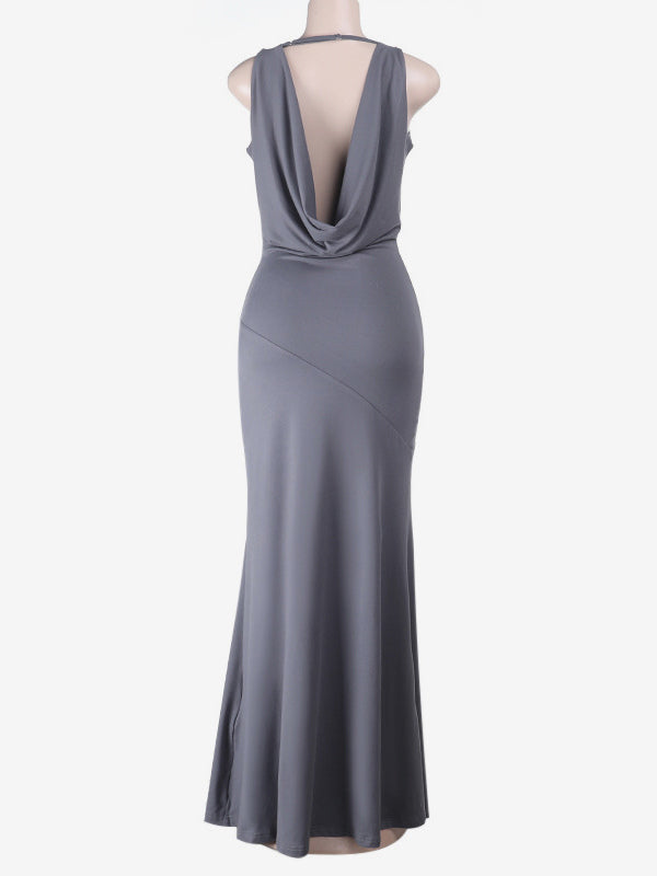 Grey Cowl Neck Women Maxi Dress - Elegant Backless Slim Bodycon - Minimalist Evening Gala 2026