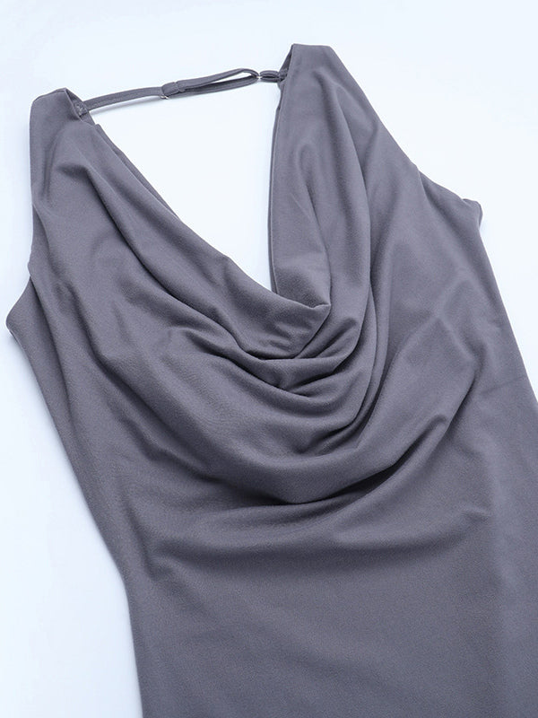 Grey Cowl Neck Women Maxi Dress - Elegant Backless Slim Bodycon - Minimalist Evening Gala 2026