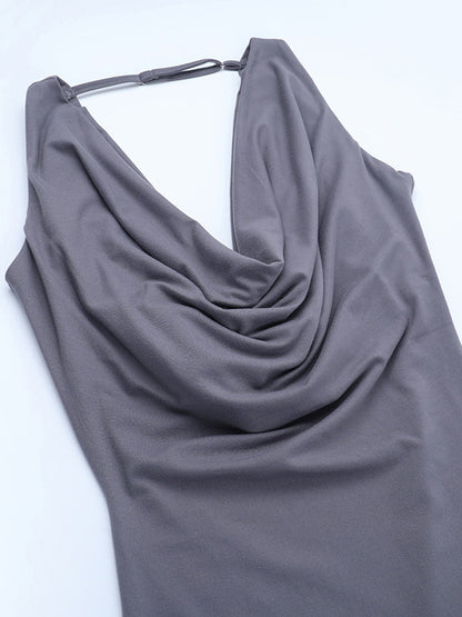 Grey Cowl Neck Women Maxi Dress - Elegant Backless Slim Bodycon - Minimalist Evening Gala 2026