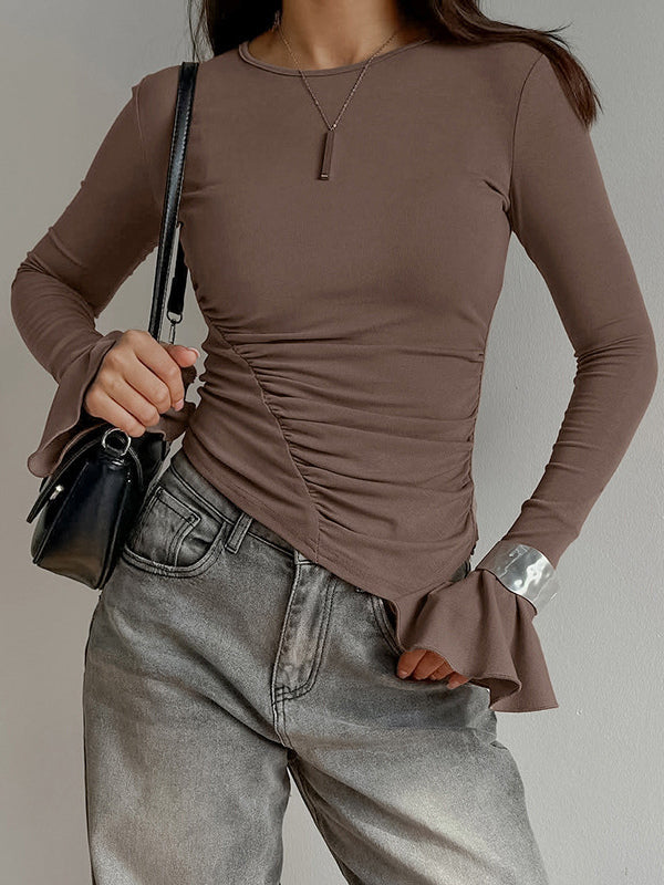 Ruched Side Women Long Sleeve Top - Chic Flare Bell Cuff Slim Fit - Baddie Aesthetic Spring Streetwear 2026