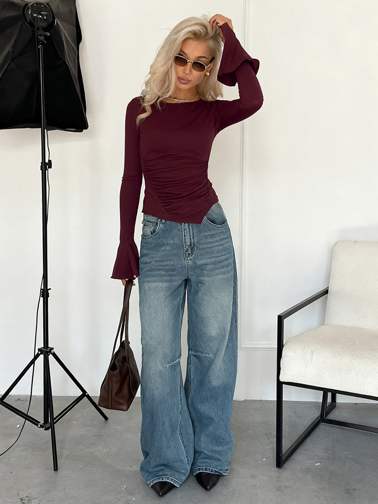 Ruched Side Women Long Sleeve Top - Chic Flare Bell Cuff Slim Fit - Baddie Aesthetic Spring Streetwear 2026