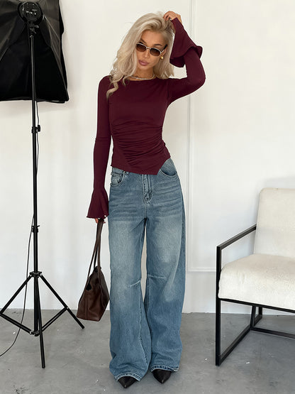 Ruched Side Women Long Sleeve Top - Chic Flare Bell Cuff Slim Fit - Baddie Aesthetic Spring Streetwear 2026