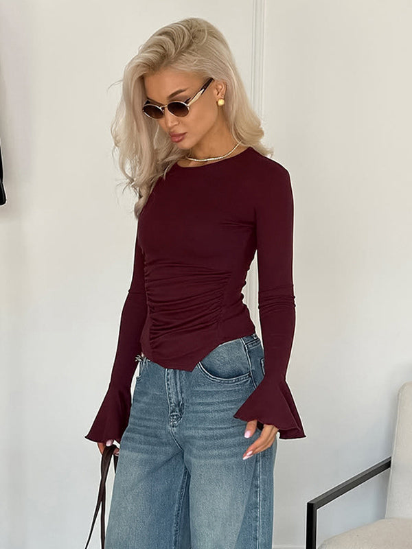 Ruched Side Women Long Sleeve Top - Chic Flare Bell Cuff Slim Fit - Baddie Aesthetic Spring Streetwear 2026