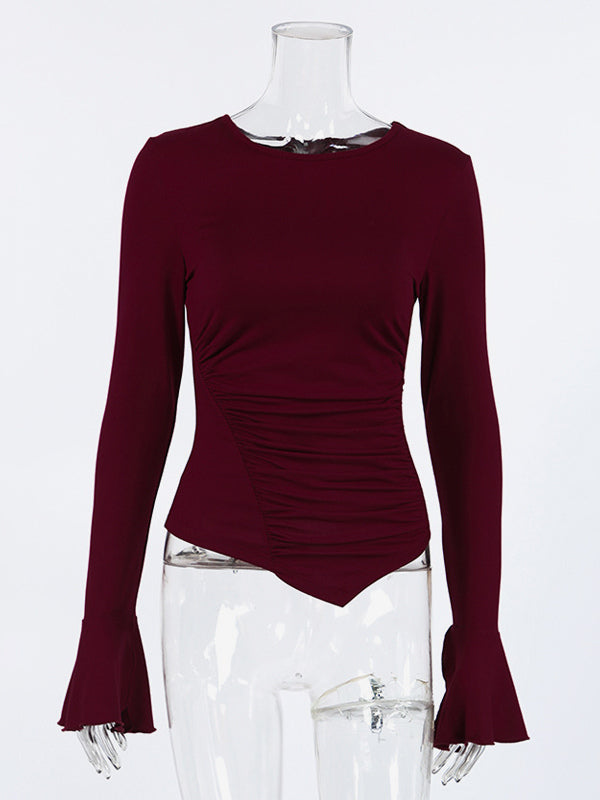 Ruched Side Women Long Sleeve Top - Chic Flare Bell Cuff Slim Fit - Baddie Aesthetic Spring Streetwear 2026