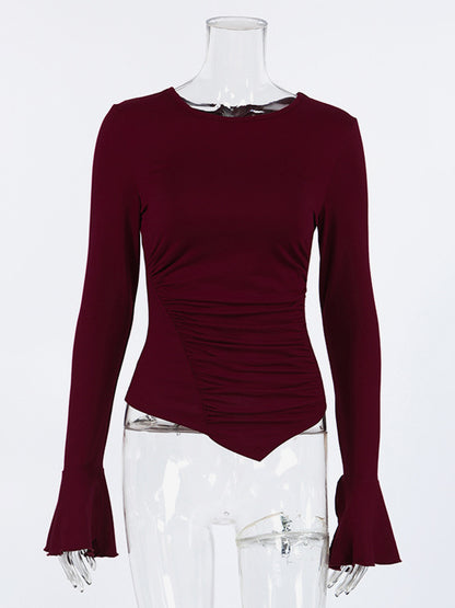 Ruched Side Women Long Sleeve Top - Chic Flare Bell Cuff Slim Fit - Baddie Aesthetic Spring Streetwear 2026