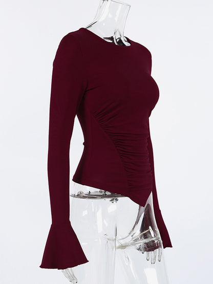 Ruched Side Women Long Sleeve Top - Chic Flare Bell Cuff Slim Fit - Baddie Aesthetic Spring Streetwear 2026