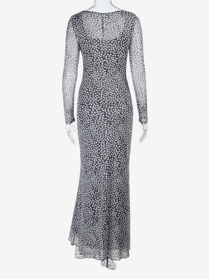 Polka Dot Mesh Women Maxi Dress - Retro Square Neck Long Sleeve Bodycon - French Chic Spring Vacation 2026