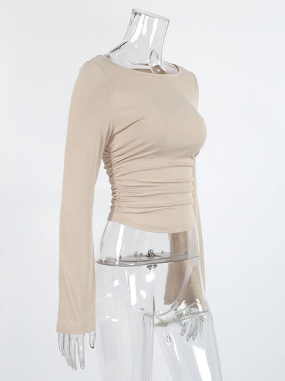 Beige Ribbed Women Long Sleeve Top - Chic Ruched Front Flare Sleeve Slim Fit - Minimalist Basic Spring Casual Streetwear 2026