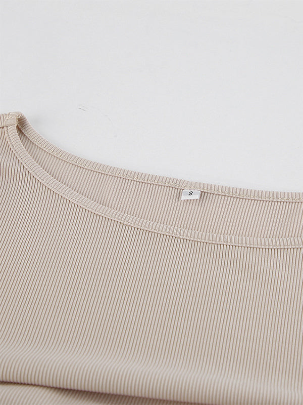 Beige Ribbed Women Long Sleeve Top - Chic Ruched Front Flare Sleeve Slim Fit - Minimalist Basic Spring Casual Streetwear 2026