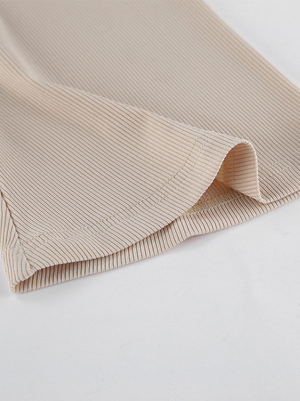 Beige Ribbed Women Long Sleeve Top - Chic Ruched Front Flare Sleeve Slim Fit - Minimalist Basic Spring Casual Streetwear 2026