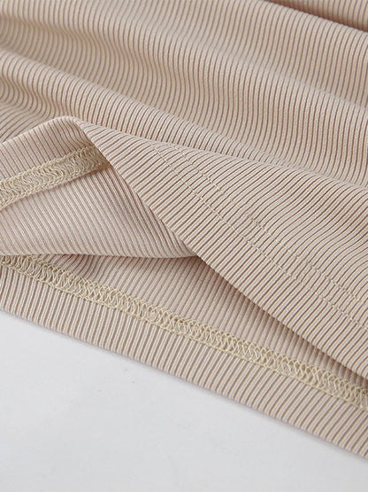 Beige Ribbed Women Long Sleeve Top - Chic Ruched Front Flare Sleeve Slim Fit - Minimalist Basic Spring Casual Streetwear 2026