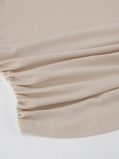 Beige Ribbed Women Long Sleeve Top - Chic Ruched Front Flare Sleeve Slim Fit - Minimalist Basic Spring Casual Streetwear 2026