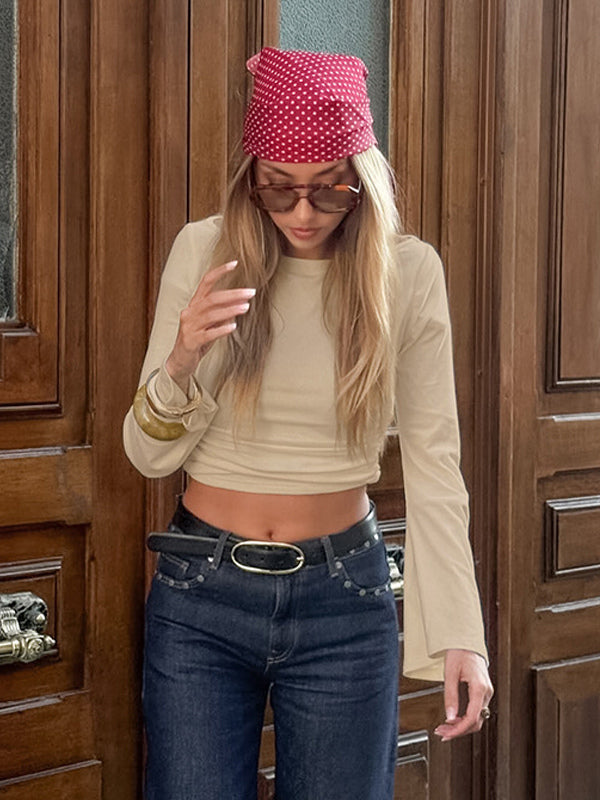 Beige Ribbed Women Long Sleeve Top - Chic Ruched Front Flare Sleeve Slim Fit - Minimalist Basic Spring Casual Streetwear 2026