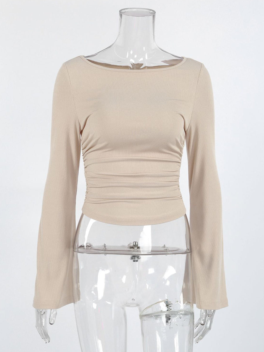Beige Ribbed Women Long Sleeve Top - Chic Ruched Front Flare Sleeve Slim Fit - Minimalist Basic Spring Casual Streetwear 2026