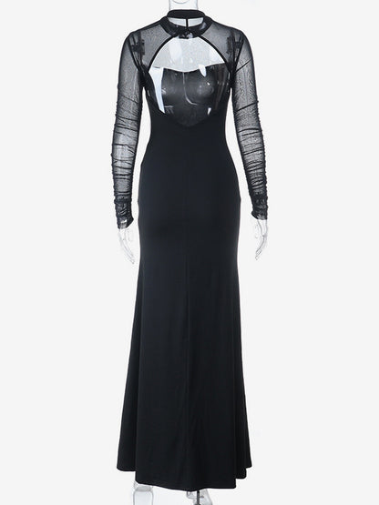 High Slit Mesh Sleeve Women Maxi Dress - Sexy Open Back Slim Black Bodycon - Goth Core Party Night Outfit 2026