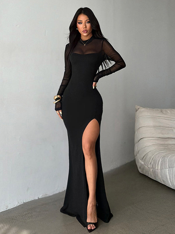 High Slit Mesh Sleeve Women Maxi Dress - Sexy Open Back Slim Black Bodycon - Goth Core Party Night Outfit 2026