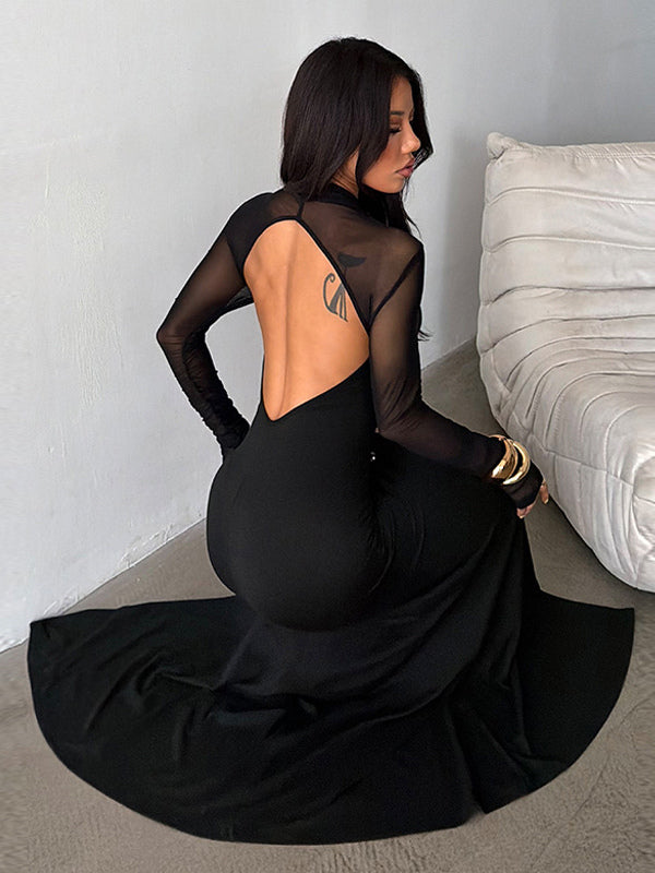 High Slit Mesh Sleeve Women Maxi Dress - Sexy Open Back Slim Black Bodycon - Goth Core Party Night Outfit 2026