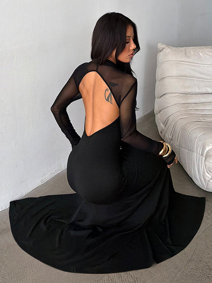 High Slit Mesh Sleeve Women Maxi Dress - Sexy Open Back Slim Black Bodycon - Goth Core Party Night Outfit 2026