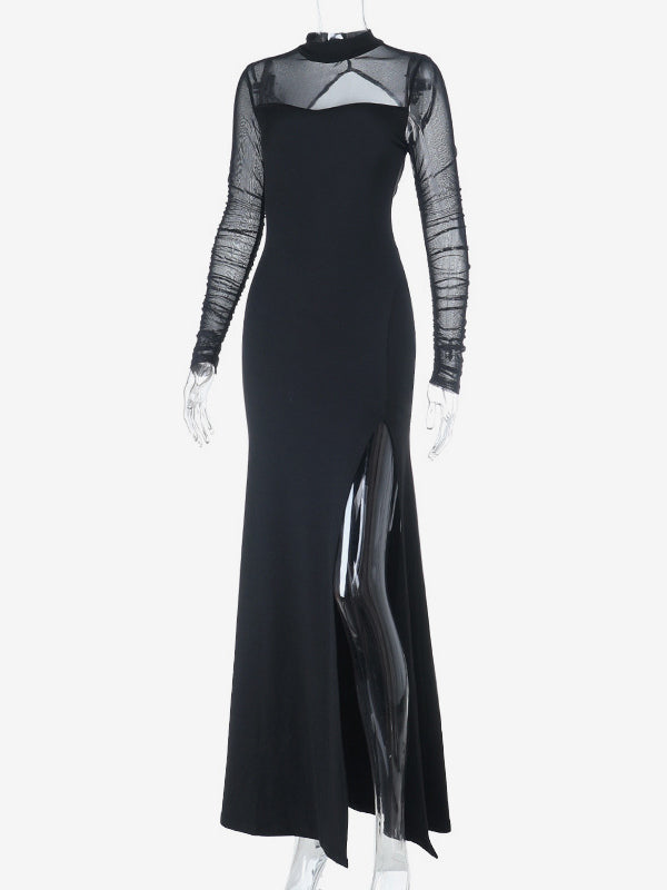 High Slit Mesh Sleeve Women Maxi Dress - Sexy Open Back Slim Black Bodycon - Goth Core Party Night Outfit 2026